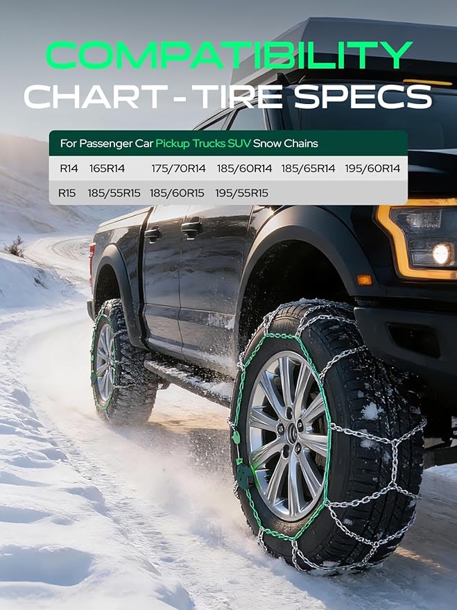 YHTAUTO Set of 2 Snow Chains 12mm for Pickup Truck SUV Passenger Car Universal Fit Tire Chains Auto-Tightening Quick Installa
