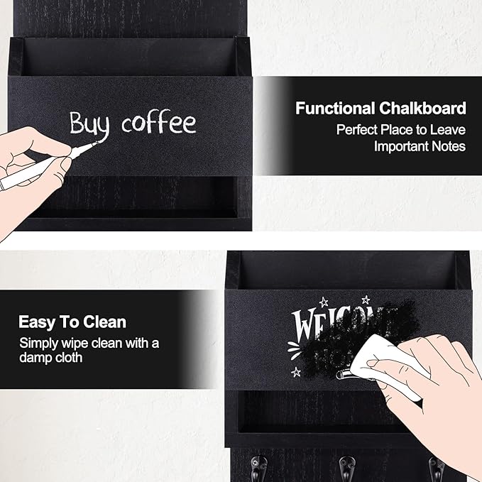 Key and Mail Holder for Wall, Key Holder with Chalkboard and Long Storage Box, Key Hanger with 3 Sturdy Hooks for Coat, Dog L