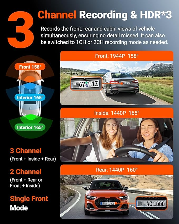 Vantrue N4S 3 Channel Front Inside Rear Dash Cam, 2.7K+1440P+1440P WiFi Dash Camera w/PlatePix™, STARVIS 2 x HDR x IR Night V