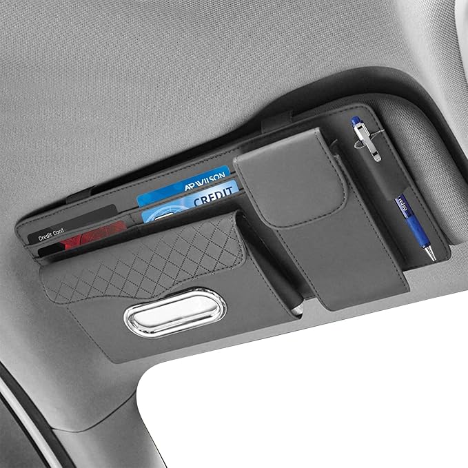 Multi-Pocket Car Visor Organizer with Zippered Compartments - 6-Pocket Sun Visor Storage Pouch for Sunglasses, Phone, Keys, Cards - Universal Fit for Cars, Trucks, SUVs (Grey)
