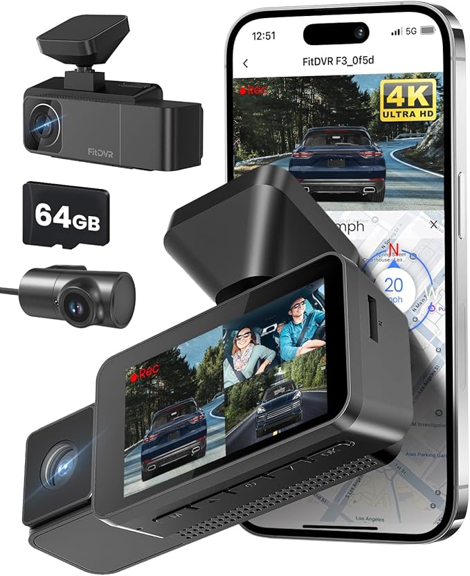 4K 3 Channel Dash Cam, 2160P+1080P+1080P Front and Rear Inside Car Camera with 64GB Card, WiFi Built-in GPS, 3“ IPS Screen, I