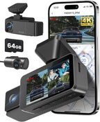 4K 3 Channel Dash Cam, 2160P+1080P+1080P Front and Rear Inside Car Camera with 64GB Card, WiFi Built-in GPS, 3“ IPS Screen, I