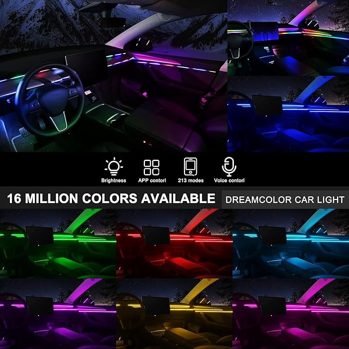 Dreamcolor Acrylic Interior Car LED Strip Light with USB/Type C, 10 in 1 with 175 inches 600 LEDs Ambient Lighting Kits, Sound Active Function Neon Accessories