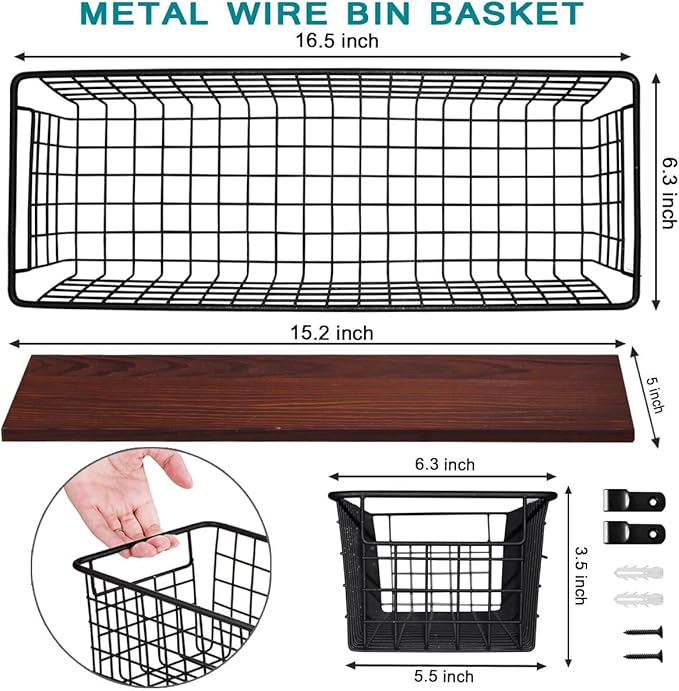 4 Set [Extra Large] Portable Metal Farmhouse Wall Decor Storage Organizer Basket Bin with Handles and Floating Shelves for Ha