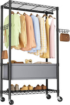 Heavy Duty Clothes Rack Rolling Garment Rack,3 Tier Adjustable Wire Shelving Clothing Racks for Hanging Clothes with Double R