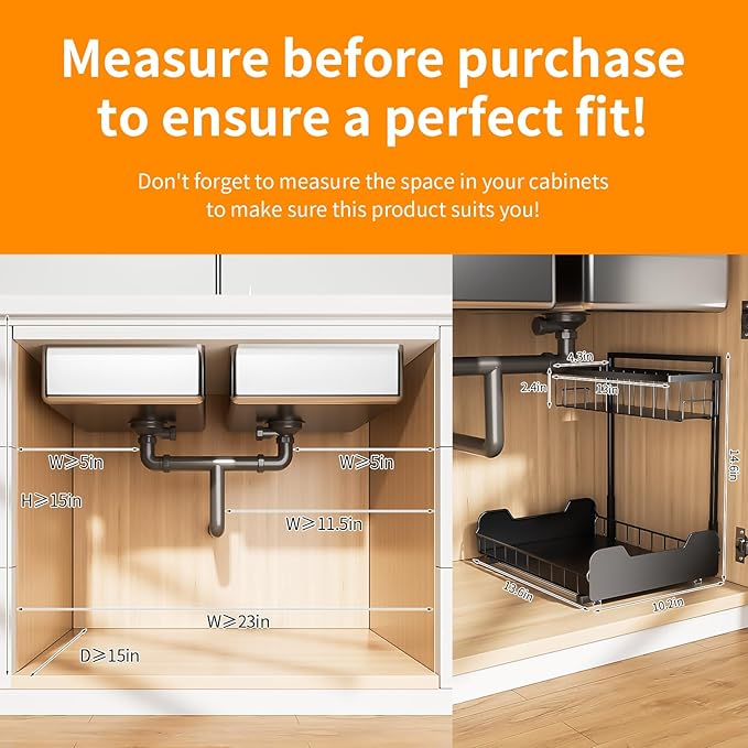 Under Sink Organizer, 2-Tier L-Shaped Pull Out Cabinet Shelf with 2 Installation Methods, Adjustable Sliding Storage Drawer f