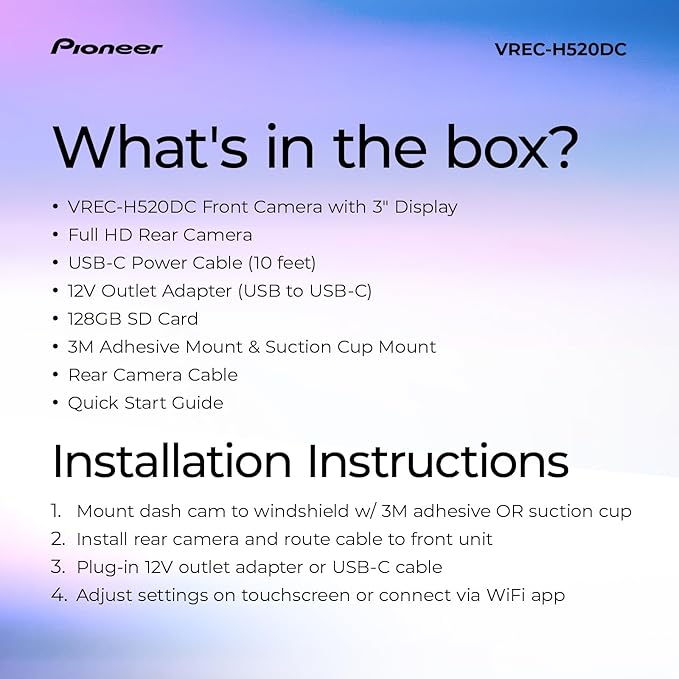 Pioneer VREC-H520DC Dual Dash Cam Front and Rear Car Camera - Large Screen, 2K Resolution, Starvis Night Vision, 140 Degree W