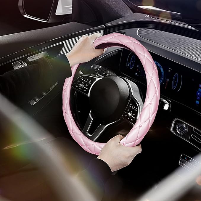 SuperKaKa Pink Steering Wheel Cover 2026, Auto Cute Diamond Bling Comfort Leather Girly Car Interior Accessories Protector Sp