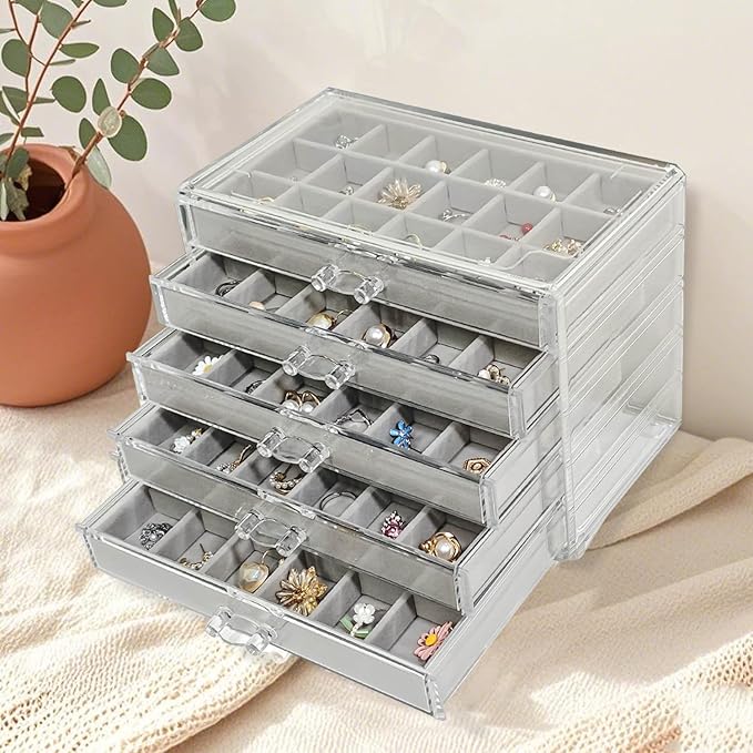 Acrylic Earring Holder Organizer with 5 Drawers Clear Earring Organizer Box with 90 Adjustable Grids Velvet Earring Display C