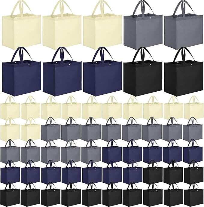 Zhehao 60 Pcs Reusable Grocery Shopping Bags Large Foldable Gift Tote Non Woven Fabric Bags with Handle and Plastic Button for Birthdays, Bridesmaids, Party Favors, 15 x 9.5 x 13 Inch (Neutral Colors)