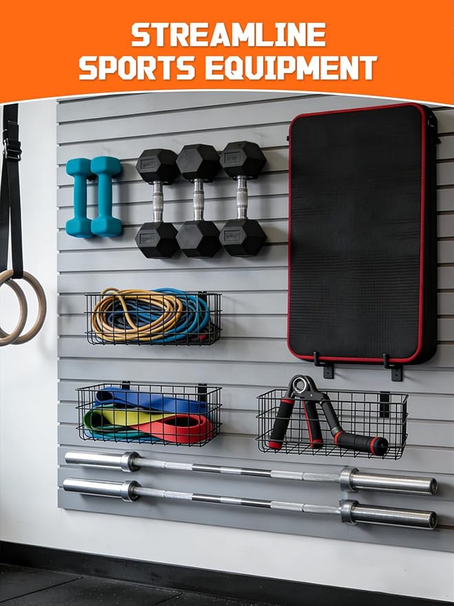 AZUNO 4 Pack Slatwall Baskets Set, Heavy Duty Metal Slat Wall Accessories Wire Baskets, Hanging Storage Organizer for Garage,