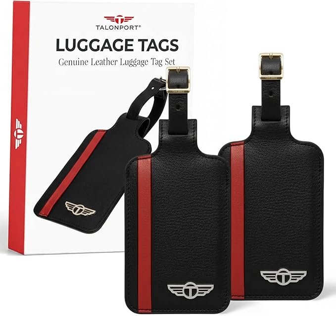 Genuine Leather Luggage Tag with Privacy Flap Set for Men Women Travel Easy with Suitcase Tags Identifiers (Black, 2 Pack)