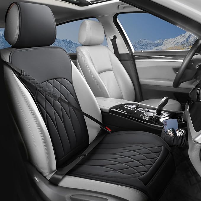 1 Pack Leather Front Car Seat Cover, Universal Sideless Car Seat Protector with Storage Pocket and Seat Belt Pad, Waterproof 