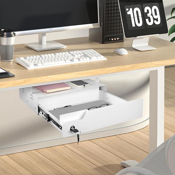 Under Desk Drawer Storage with Lock, 17.3"x11.8"x5.4", Metal Undermount Table Drawer, Ball Bearing Slides Out Tray Organizer 