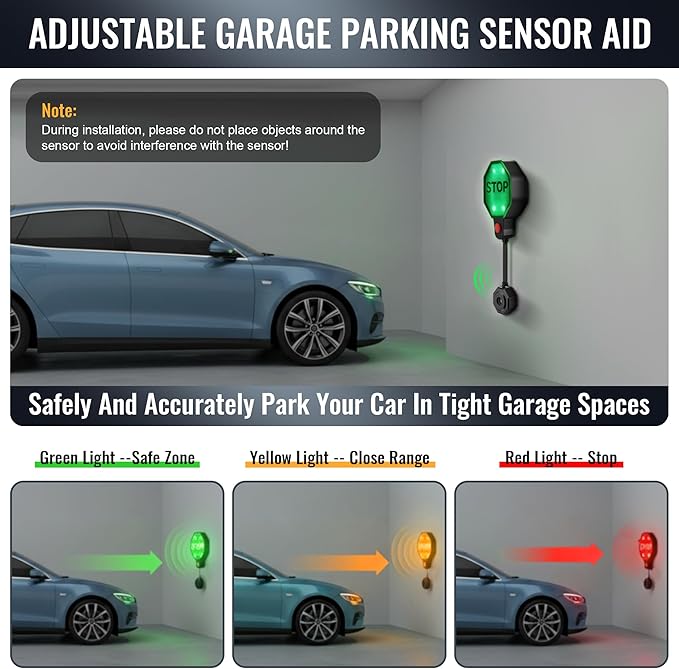 Garage Parking Sensor & Garage Parking Aid with LED Stop Light, Adjustable Ultrasonic Park Assistant for Car Stop Indicator w