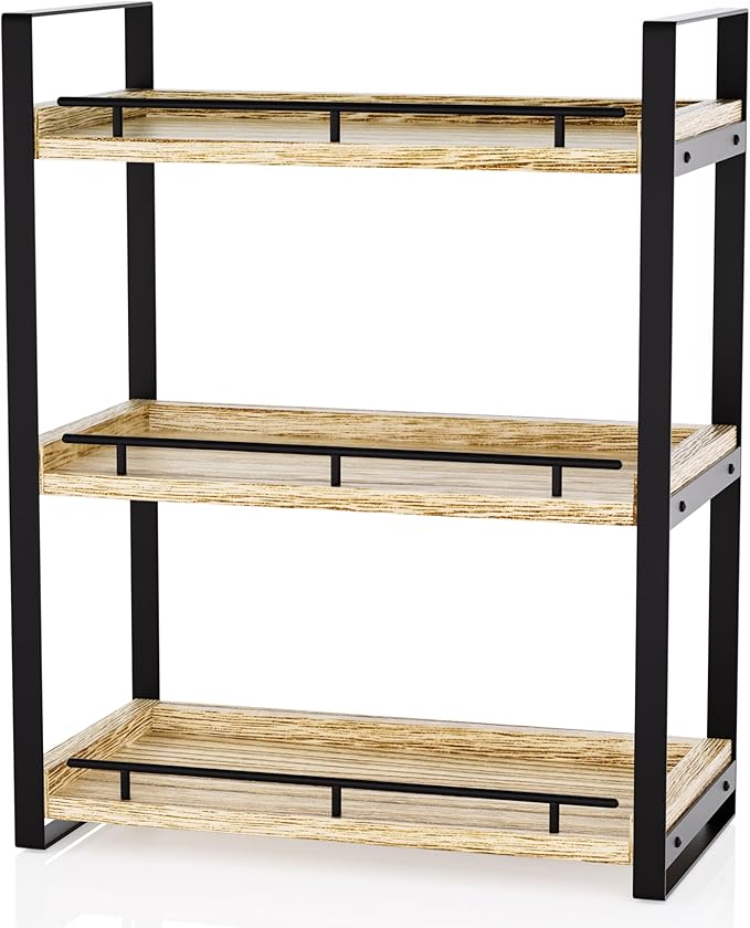 Bathroom Counter Organizer, 3 Tier Wood Countertop Shelf for Vanity, Skincare, Makeup, Kitchen Coffee and Sink Storage, with 