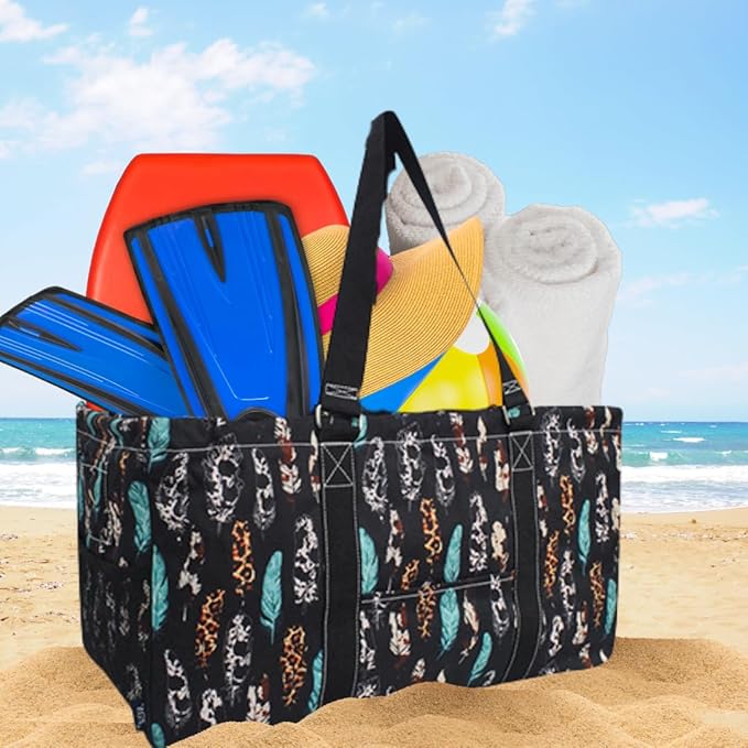 NGIL Extra Large Utility Tote Reusable Grocery Bag Oversized Collapsible for Groceries, Storage, Picnic, Beach (Wild Feather-Black)