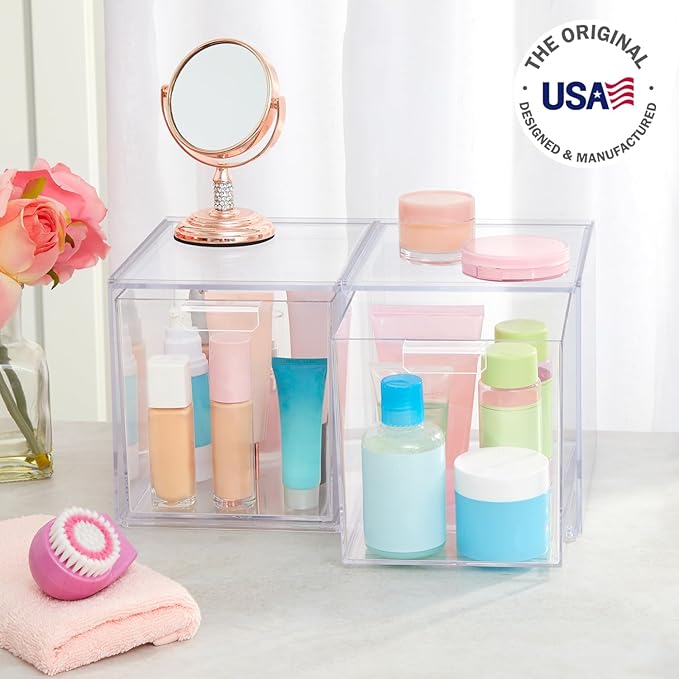 STORi Audrey Stackable Bin Clear Plastic Organizer Drawers | 2 Piece Set | Organize Cosmetics and Beauty Supplies on a Vanity