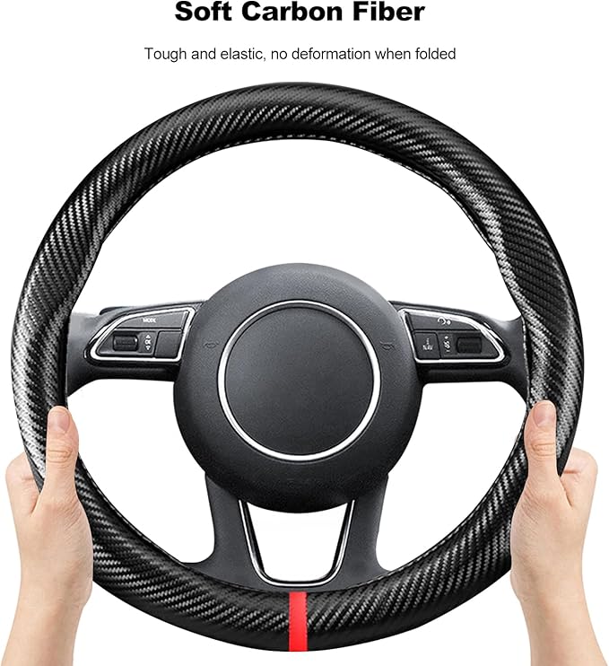 Ergocar Carbon Fiber Material Steering Wheel Cover Anti-Slip Breathable Sweat Absorbent Fashionable Sport Steering Wheel Sleeve for the Round Shape with Diameter of 15"（37.5-38cm）-Black Stripe
