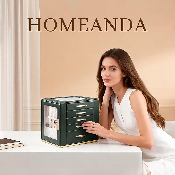 Homeanda Jewelry Box for Women with Glass Lid, 5 Drawers Jewelry Organizer and Storage for Necklaces, Rings, Earrings, Bracel