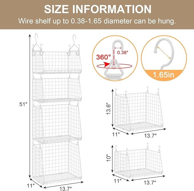 4-Tier Hanging Laundry Room Organizer: Foldable Wire Shelf Basket with 2 Large Hooks 1.65" & 360°Rotating Hooks – Space-Savin