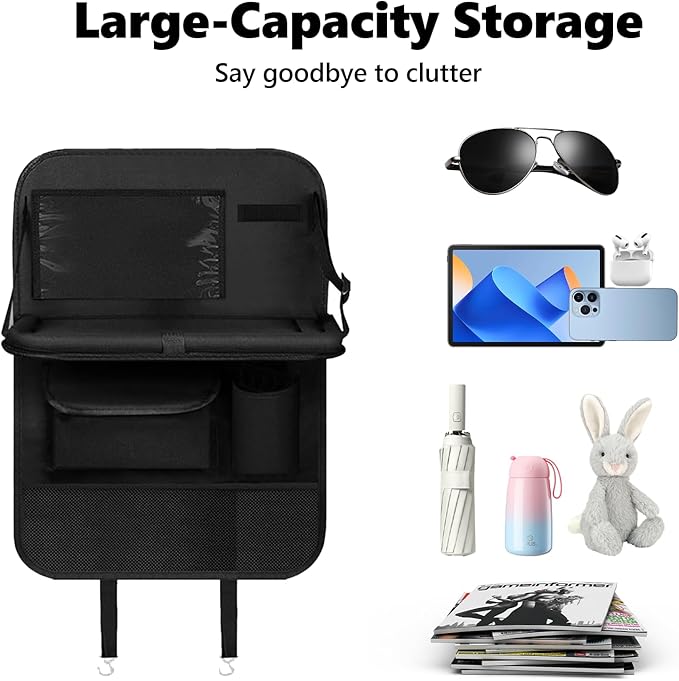 2PCS Car Backseat Organizer with 10" Tablet Holder, Waterproof Oxford Fabric Auto Back Seat Protector Kick Mat, Multi-Pocket Back Seat Organizer Storage, Travel Car Accessories (With Tray)