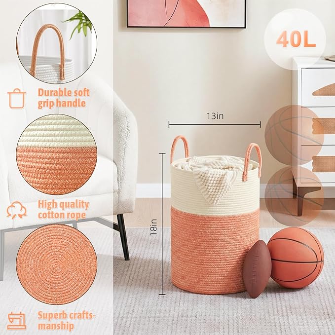Laundry Basket,Woven Cotton Rope Laundry Hamper,40L for Decor Storage of Dirty Clothes,Toys and Blankets in Bathroom,Baby Roo