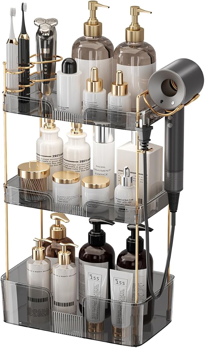 Aveniee Bathroom Counter Organizer,3 Tier Skincare Perfume Countertop Storage with Hair Dryer Rack and Toothbrush Holder, Cos