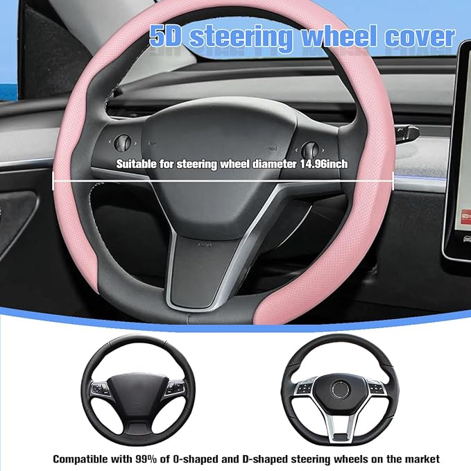 Car Nappa Leather Steering Wheel Cover, 15" Fashionable 5D Anti-Slip Vehicle Steering Wheel Protector, Breathable Auto Interi