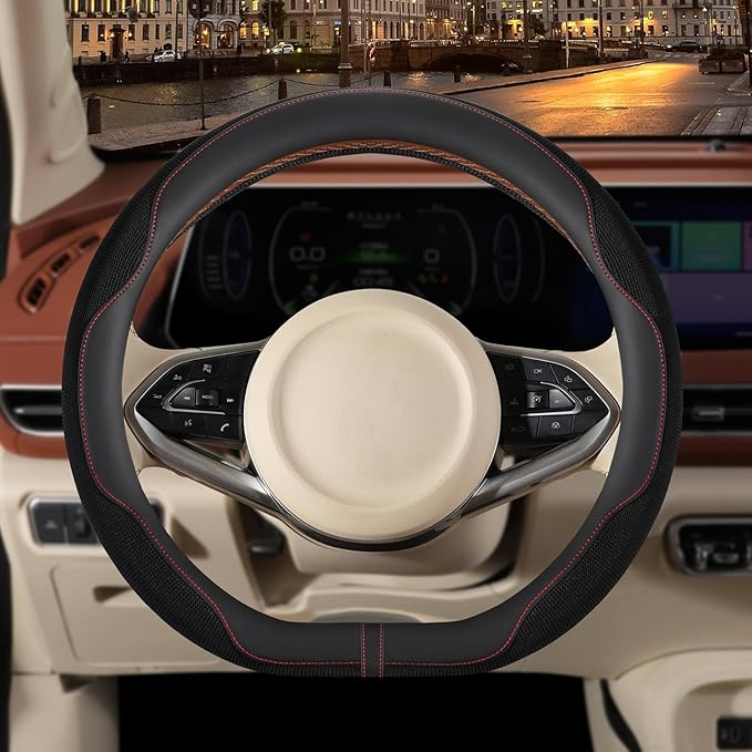 14 inch D Shaped Steering Wheel Cover for Prius Civic, Nappa Microfiber Leather Non-Slip Breathable Fabric, Warm in Winter an