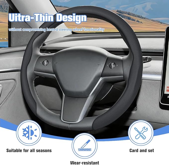 Car Nappa Leather Steering Wheel Cover, 15" Fashionable 5D Anti-Slip Vehicle Steering Wheel Protector, Breathable Auto Interi