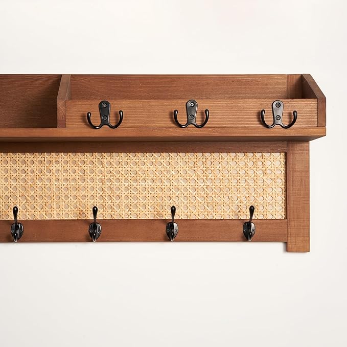 Coat Rack Wall Mount with Hooks & Shelf - Wooden Entryway Organizer for Hanging Coats, Keys, Hangers - Space Saving Durable W