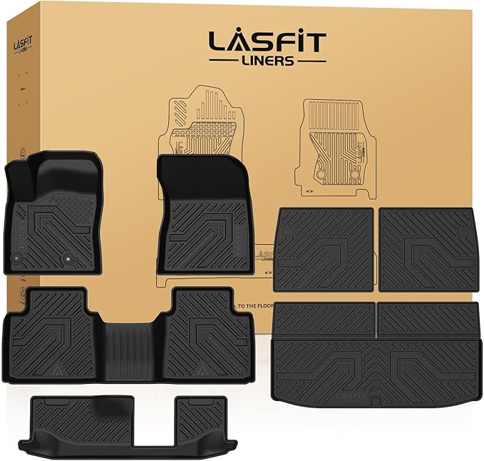 LASFIT Floor & Backseat & Cargo Mats for Mitsubishi Outlander 2022-2025, TPE All Weather Protection Custom Fit 3 Rows Floor Liners and Trunk Mats Rubber for Outlander Accessories, Black
