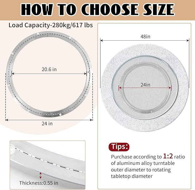 Lounsweer 24 Inch Lazy Susan Hardware Mute Aluminum Alloy Turntable Bearing Large Mute Heavy Duty Swivel Plate 620 Lbs Load L