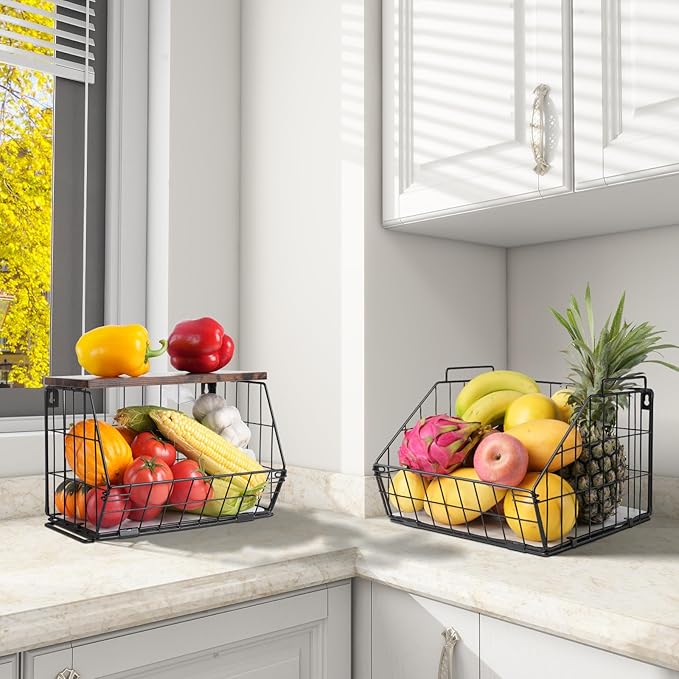 Wawocs 2 Tier Stackable Wall Mounted Hanging Basket, Fruit Basket for Kitchen Counter, Storage Bin with Wood Lid, Onion Stora