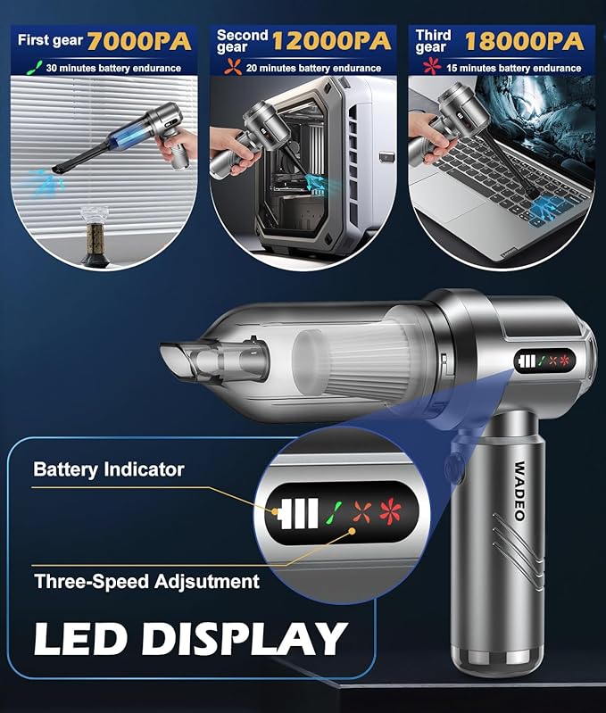 WADEO Car Vacuum Portable Cordless 18000PA, 4-in-1 Handheld Vacuum Cleaner and Air Duster with LED Display & Multi-Nozzles, M