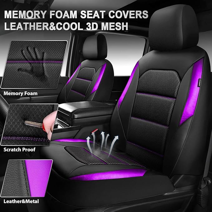 CAR PASS Memory Foam Car Seat Covers,Air Cool Mesh Thick Seat Covers Front Seats,Purple Metal Film Leather Seat Cover for Car