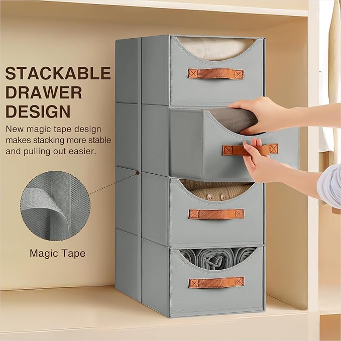 Homsorout Stackable Storage Drawers - Collapsible Storage Bins with Drawers, 6 Pack Closet Shelf Organizer Basket, Fabric Pul