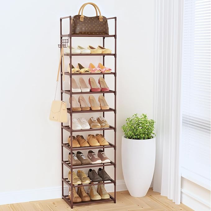 Tall 10 Tier Shoe Rack - 20-24 Pair Storage, Sturdy Metal Shoe Organizer with Hooks for Closet, Entryway, Brown