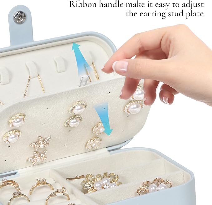 Hatori Travel Jewelry Box, PU Leather Small Jewelry Organizer for Women Girls, Double Layer Portable Mini Travel Case Display