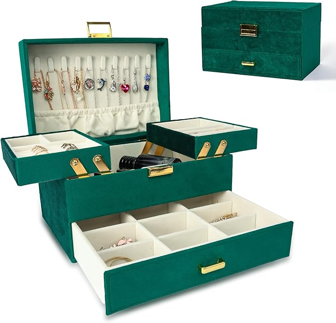 Dajasan Jewelry Organizer Box, Large Velvet Jewelry Boxes for Women Girls, Space-Saving 3 Layers Jewelry Storage Case with Dr