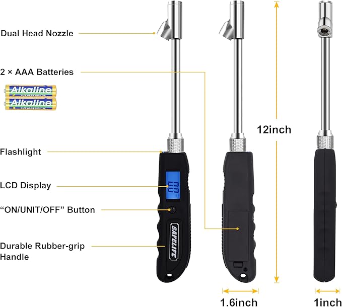 SAFELIFE Digital Tire Pressure Gauge, Heavy Duty Dual Head Stainless Steel Made Swivel Air Chuck Tire Pressure for Truck RV with Backlit LCD and Flashlight-230 PSI