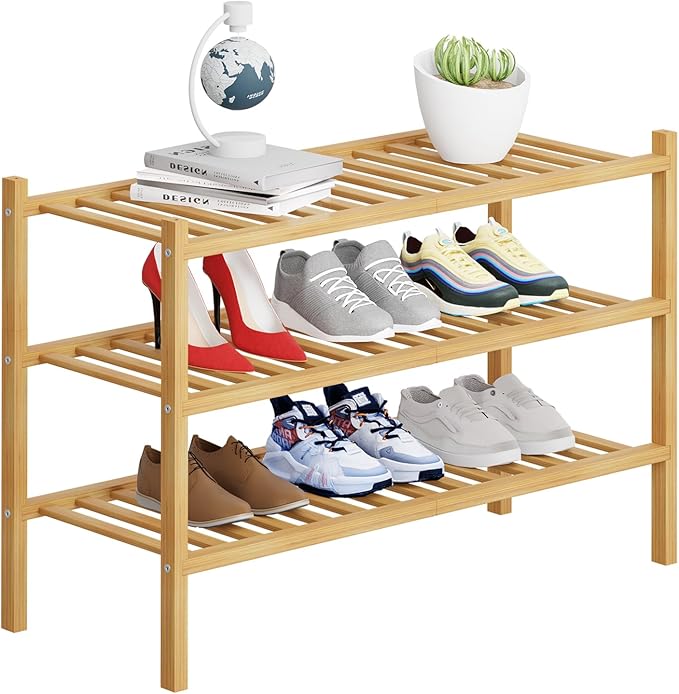 3 Tier Bamboo Shoe Rack Storage Organizer for Closet, Multifunctional Stackable Free Standing Shoe Shelf Organizer for Small 