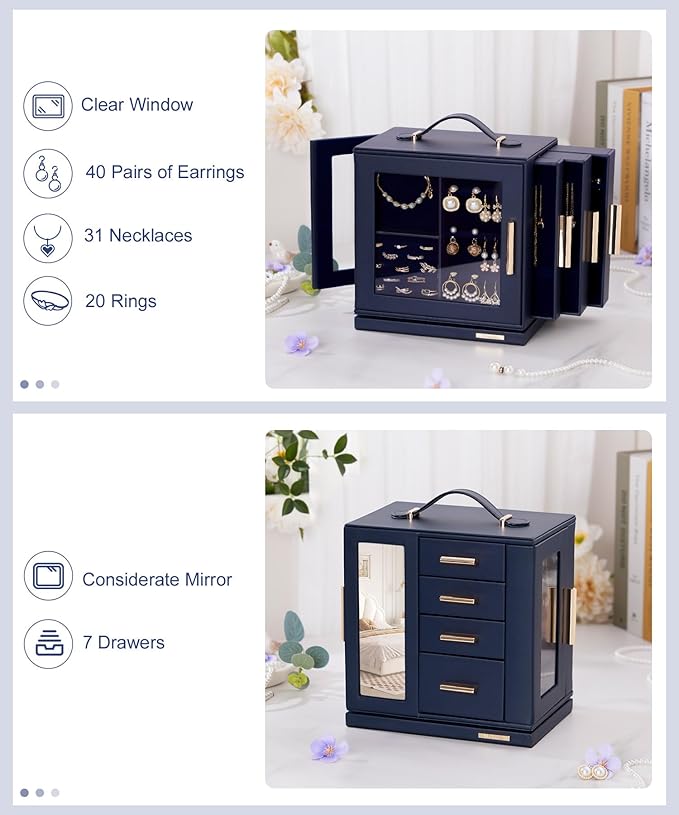 Homde Jewelry Box for Women Large: Rotating Organizer for Ring Earring Necklace Bracelet - 7 Drawers Storage for Dresser (Dar