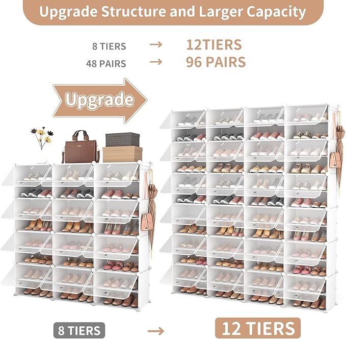 ROJASOP Shoe Storage Cabinet, 12-Tier Shoe Organizer 96 Pairs Extra Large Plastic Shoe Rack with Covers Portable Shoe Rack Or