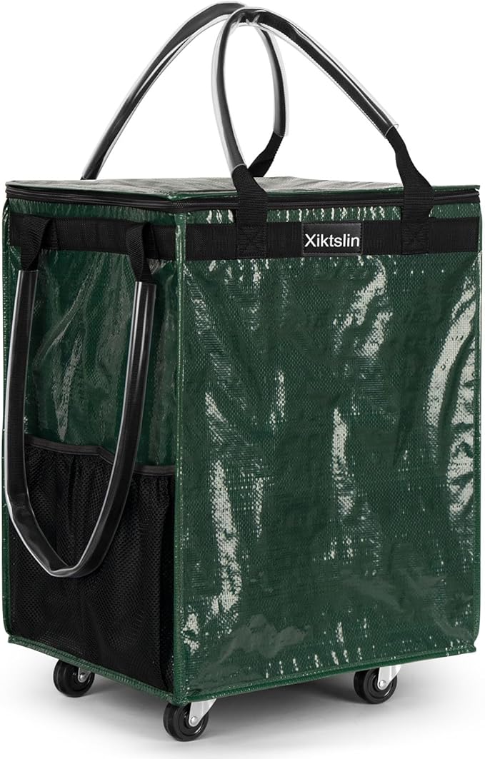 (Medium, Green) Reusable Grocery Bag on 4 Wheels, Foldable Rolling Tote Carries Up to 66lb Shopping Trolley, Rolling Bag with 3 Handles, Zipper Clouser Rolling Tote Bag with Wheels for Laundry
