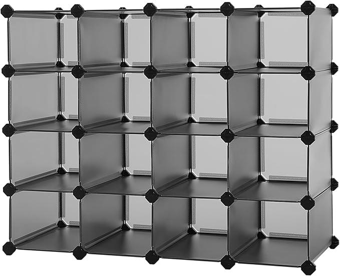 SONGMICS Shoe Rack with 16 Cubes, Interlocking Plastic Shoe Organizer, DIY Storage Cabinet for Closet Entryway Bedroom Garage