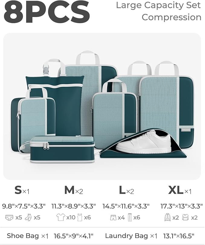 Percover Compression Packing Cubes 8-Piece Set, Packing Cubes Compression for Travel with Laundry Bag & Shoe Bag, Travel Orga