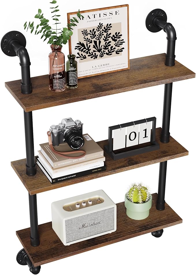 Merapi 24" Industrial Floating Shelves, Pipe Shelves for Wall, 3 Tier Rustic Wood Wall Shelves for Home Décor, Bedroom, Livin