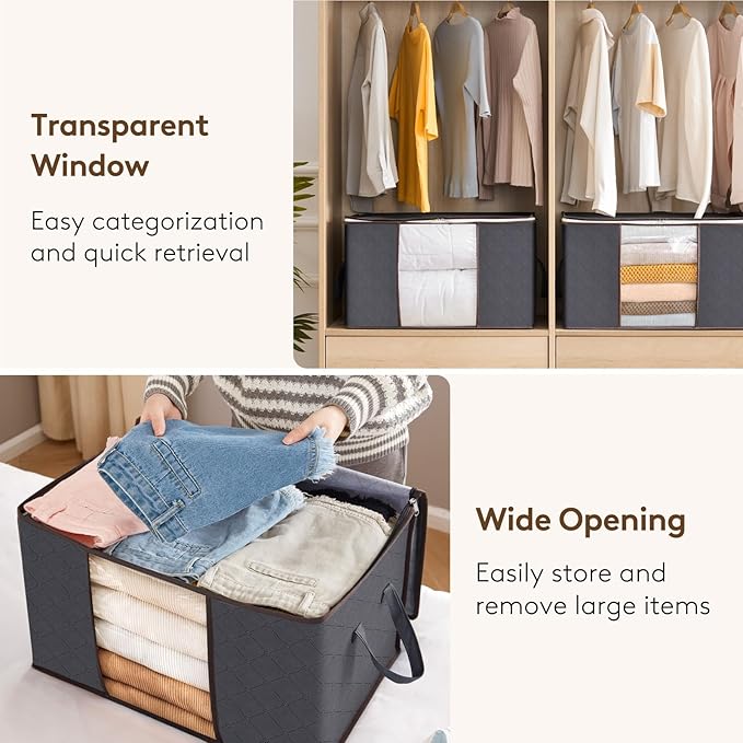 Lifewit 12 Pack 60L Clothes Storage Bins with Lids, Foldable Blanket Storage Bags with Zippers, Clear Window and Reinforced H